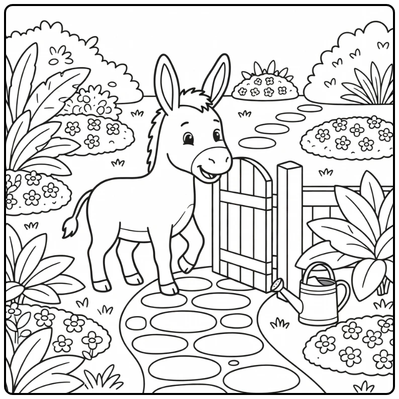 Donkey coloring page with cute donkey opening garden gate