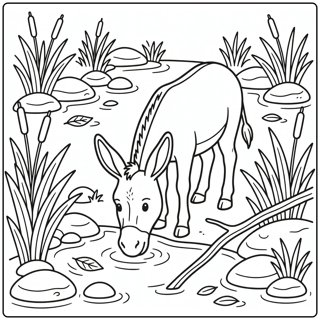 Donkey coloring page with donkey drinking from stream amid reeds