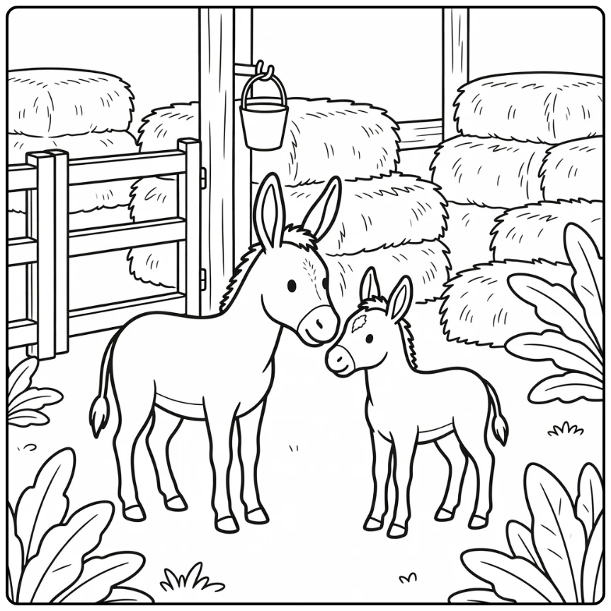 Mother donkey nuzzling foal in donkey coloring page