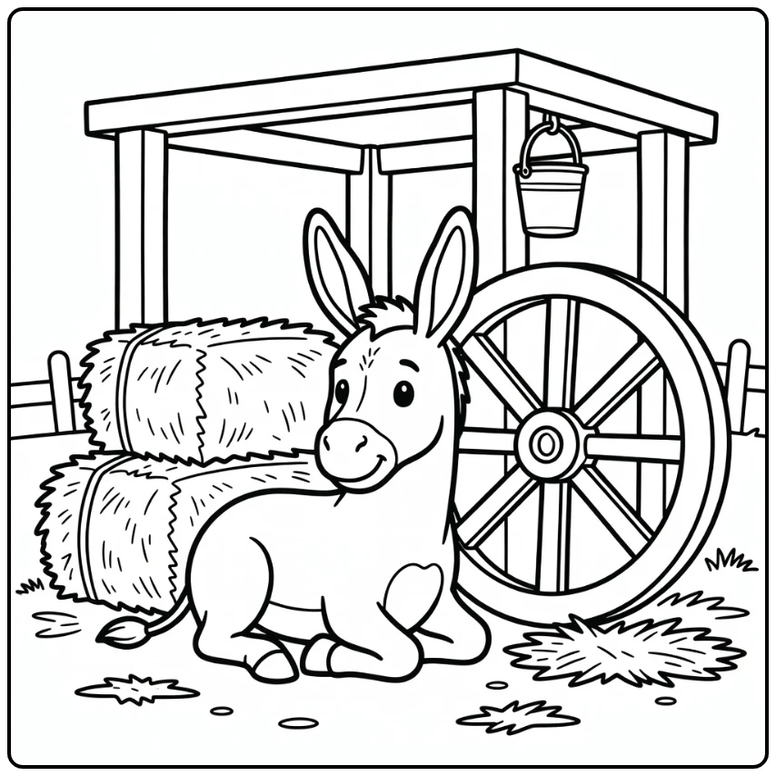 Donkey coloring page with wagon wheel and hay bales scene