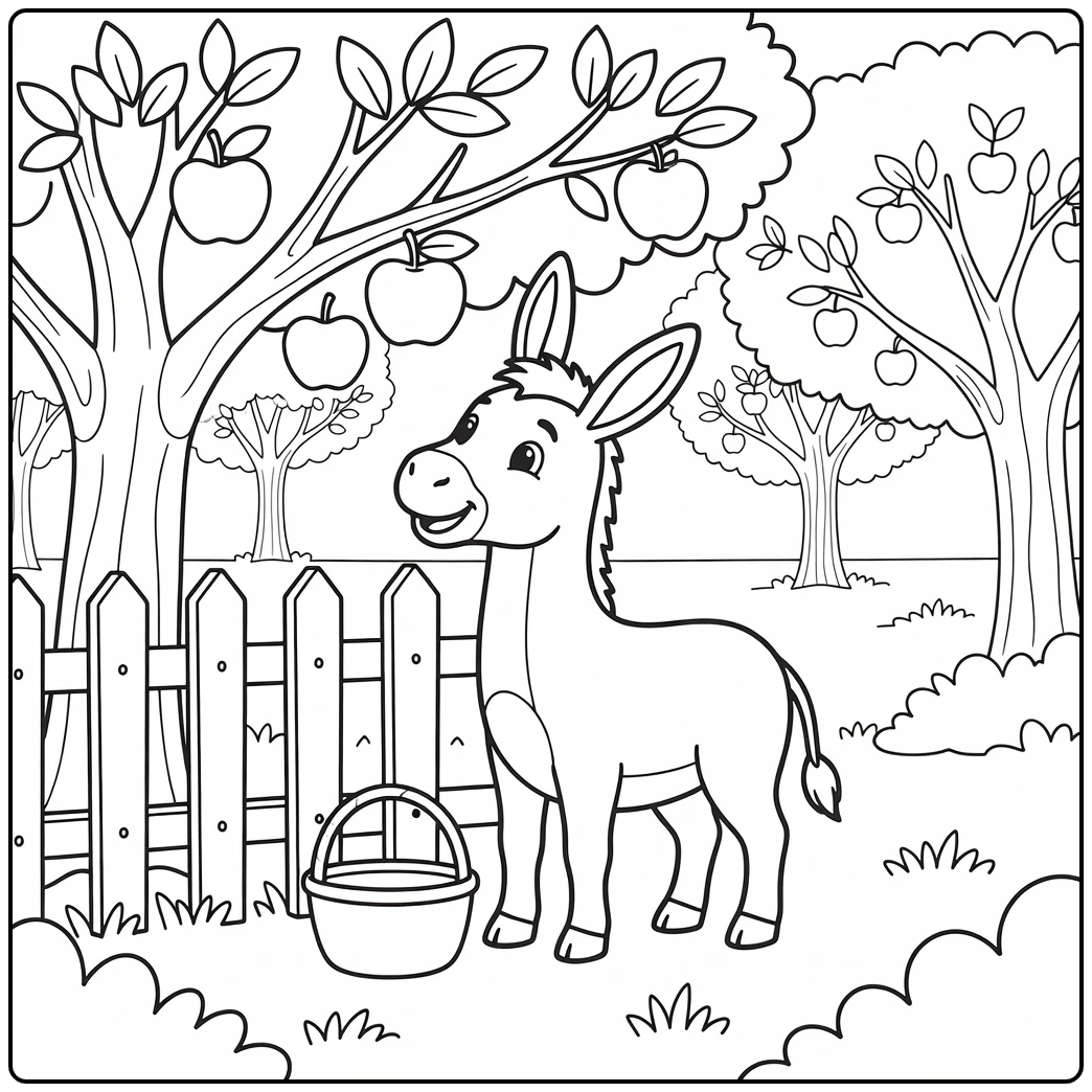 Donkey coloring page in orchard with fruits and basket