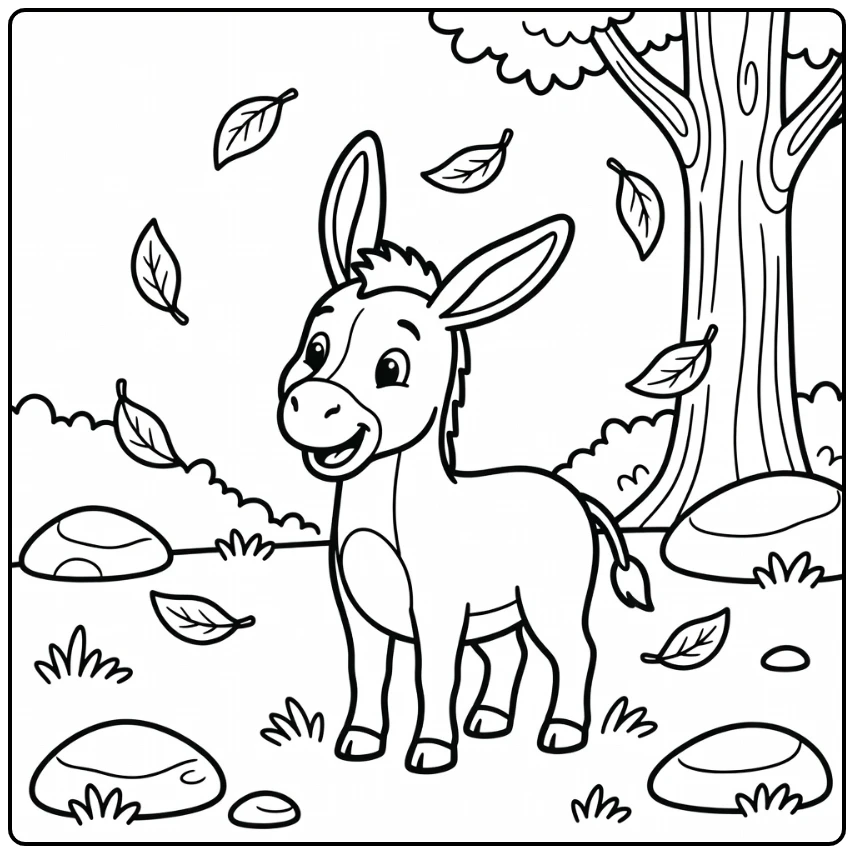 Donkey coloring page with playful donkey and falling leaves