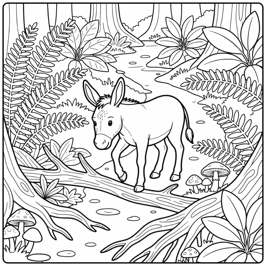 Donkey coloring page on forest trail with ferns