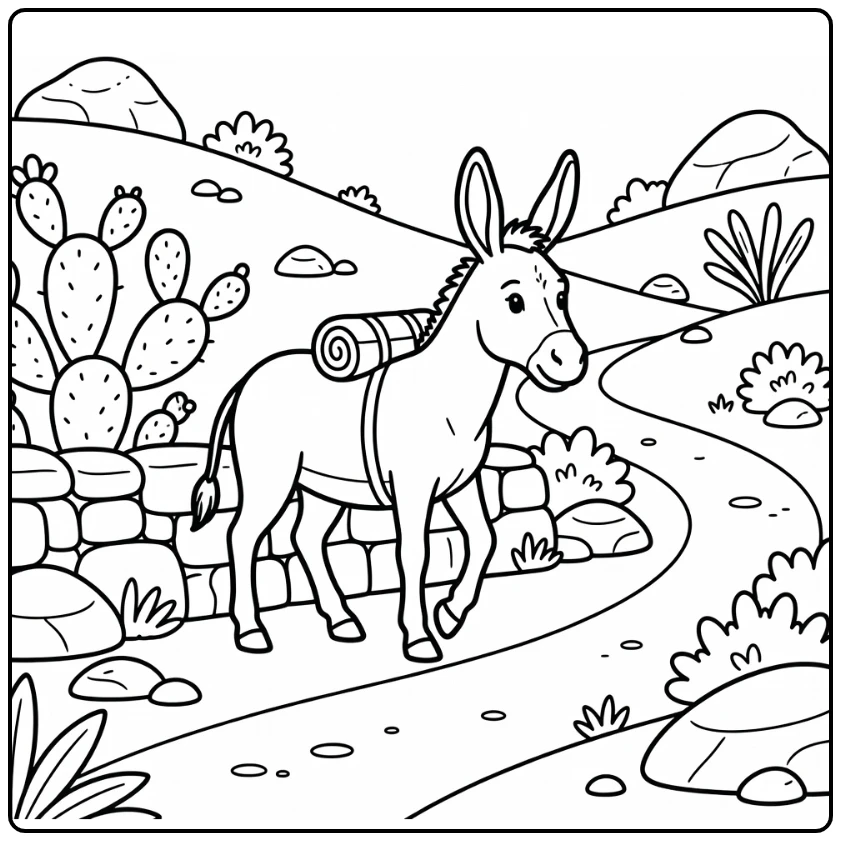 Donkey coloring page with cactus and stone wall scene