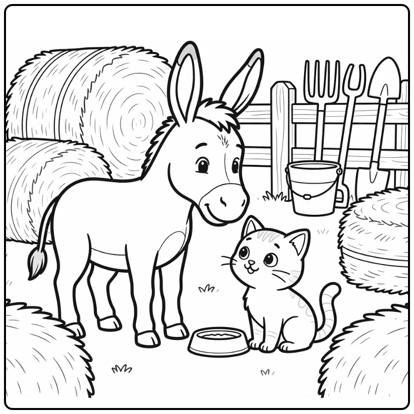 Donkey coloring page of donkey greeting a farm cat