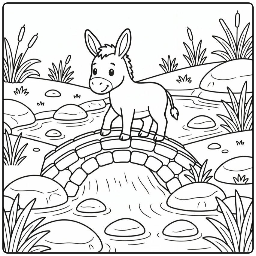 Donkey coloring page showing donkey on arched stone bridge