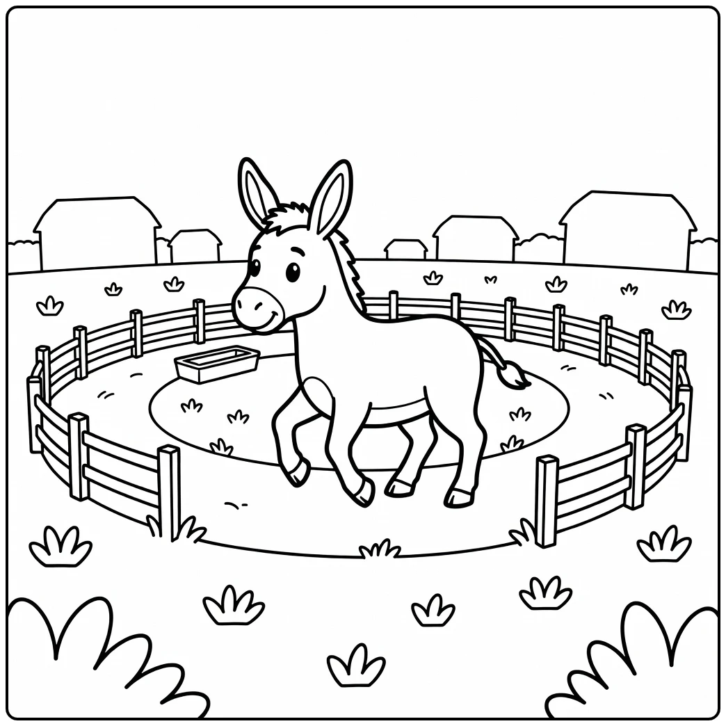 Donkey coloring page of trotting donkey in round paddock