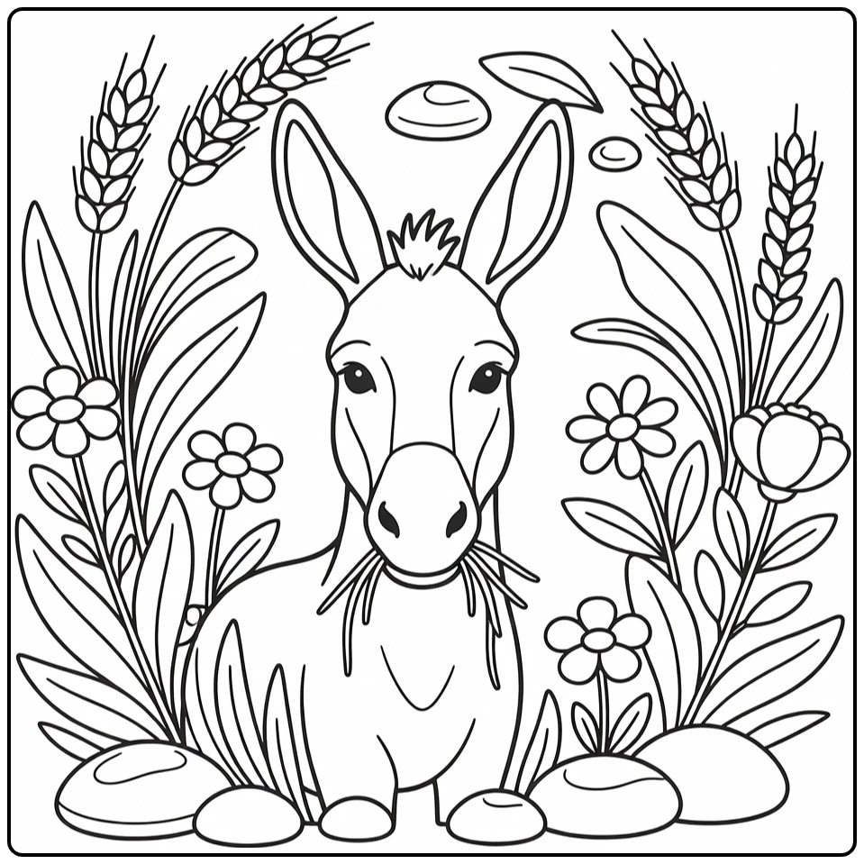 donkey face coloring page with hay and floral frame