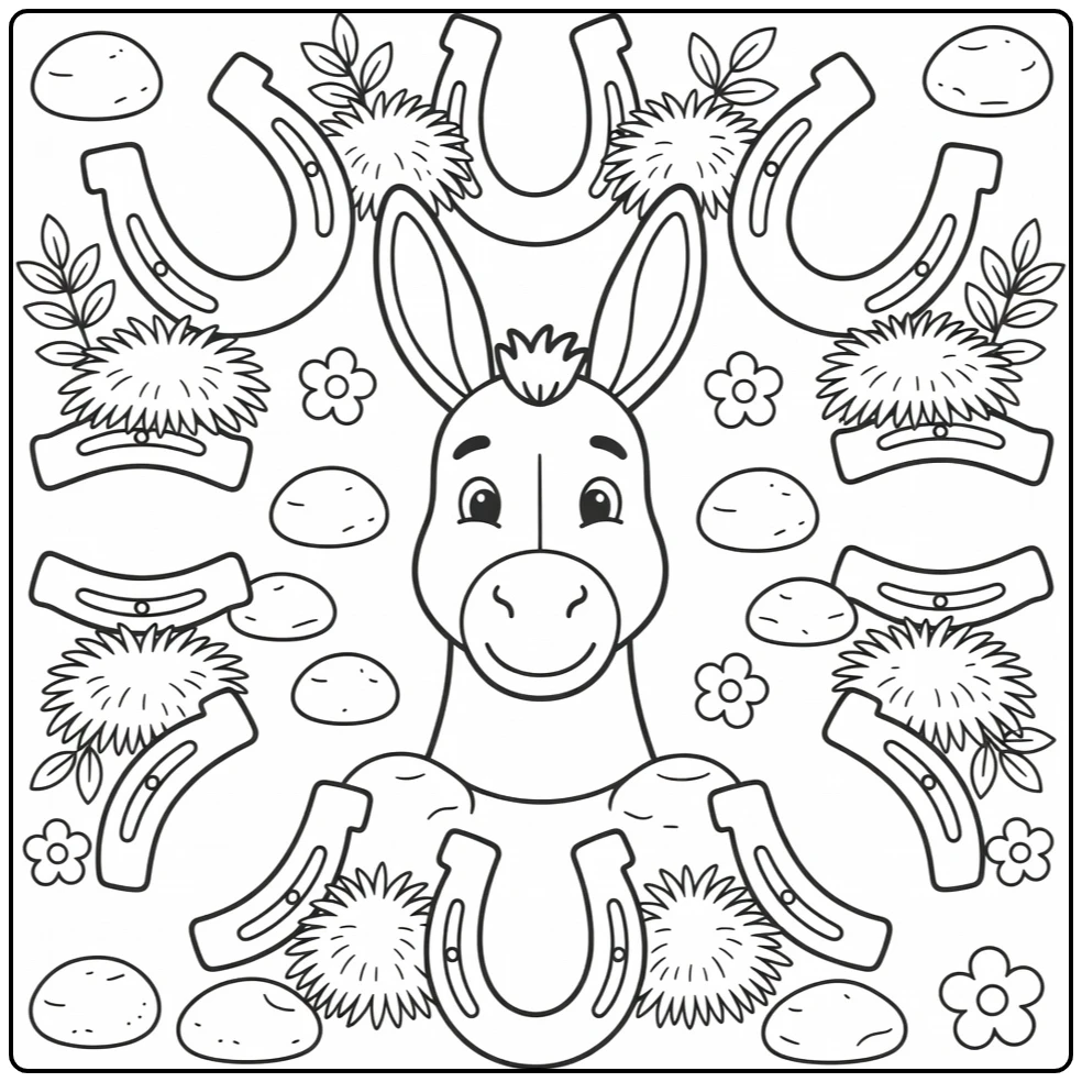 Donkey face coloring page with horseshoe farm decorations