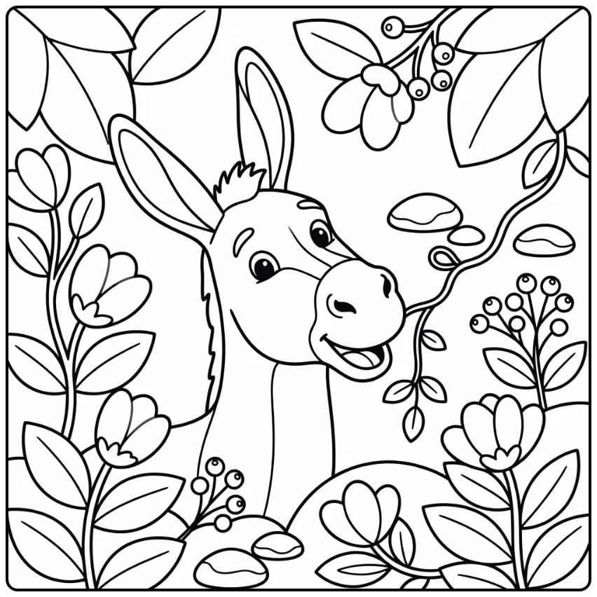 Donkey face coloring page curious donkey near vine curl