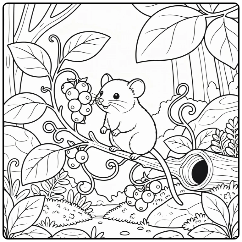 Cute forest animal coloring page: dormouse on bramble