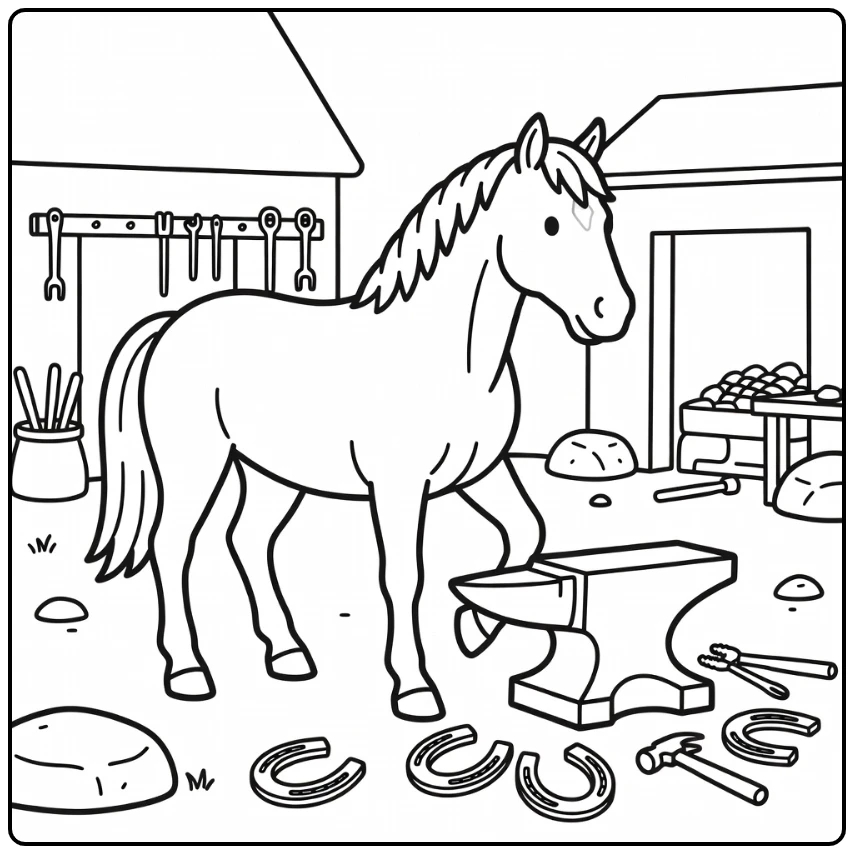 Draft horse coloring page with horse near anvil in blacksmith yard