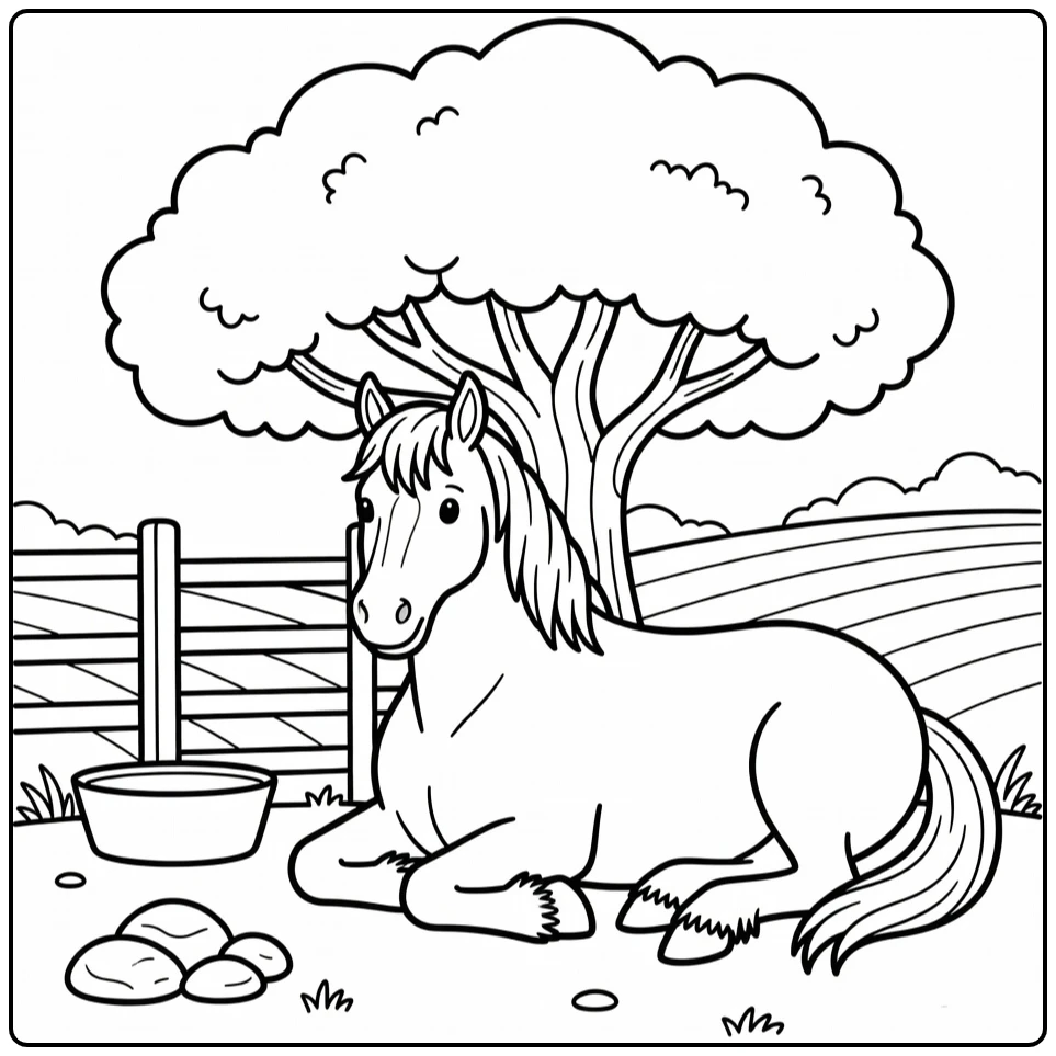 Draft horse coloring page resting under shade tree