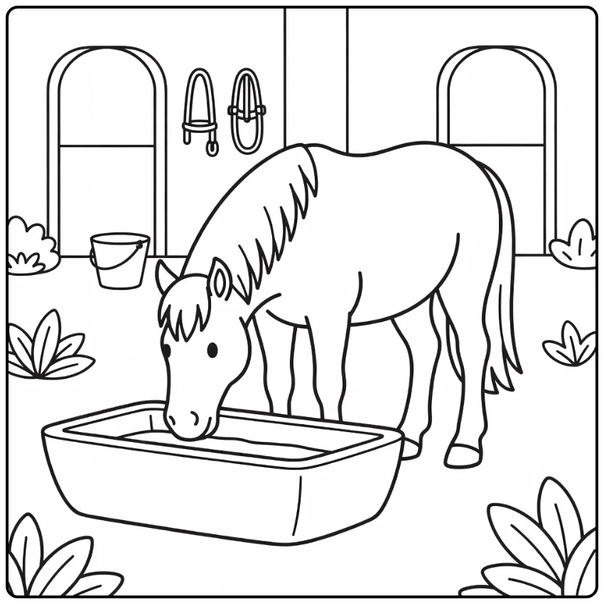 Draft horse coloring page drinking at farm trough