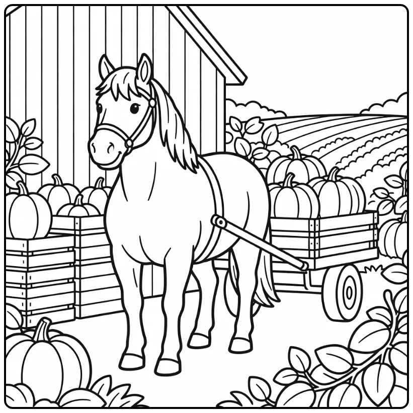 Draft horse coloring page with pumpkin cart on the farm