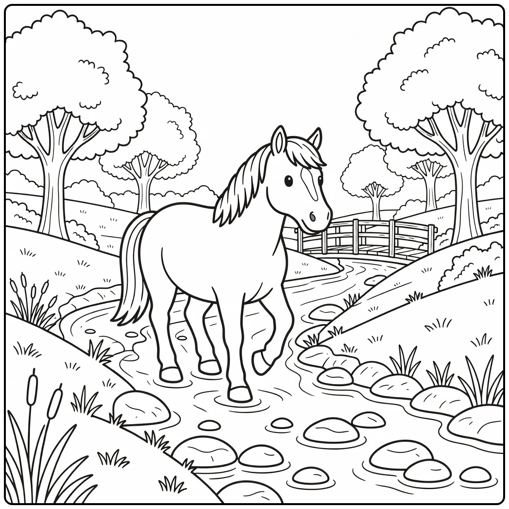 Draft horse coloring page crossing shallow creek