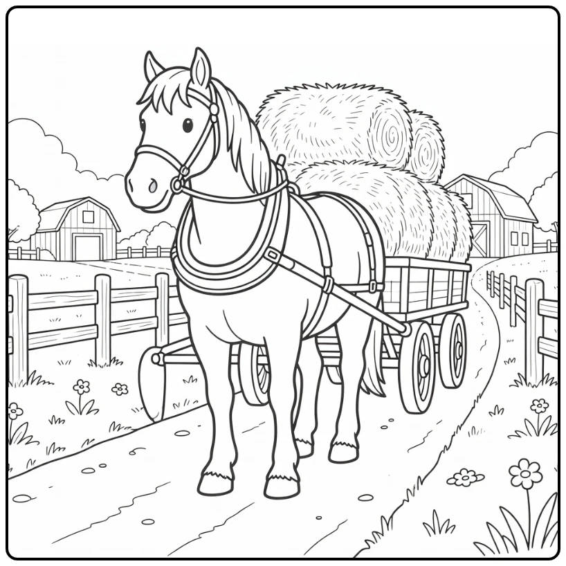 Draft horse coloring page with hay wagon on farm path