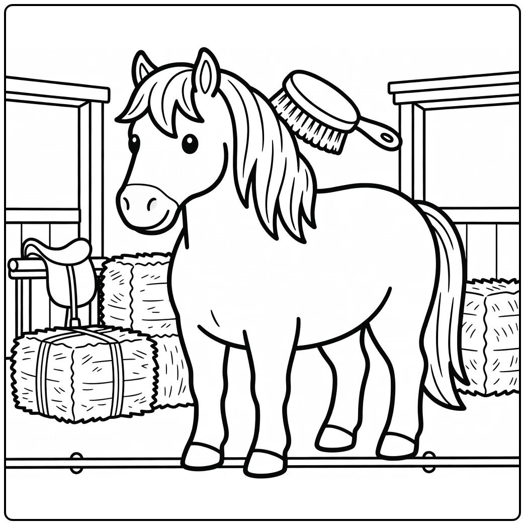 Draft horse coloring page calm horse in stable grooming area