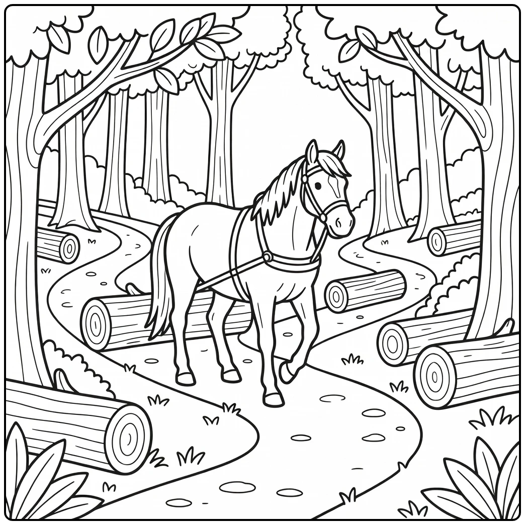 Draft horse coloring page pulling log on woodland trail