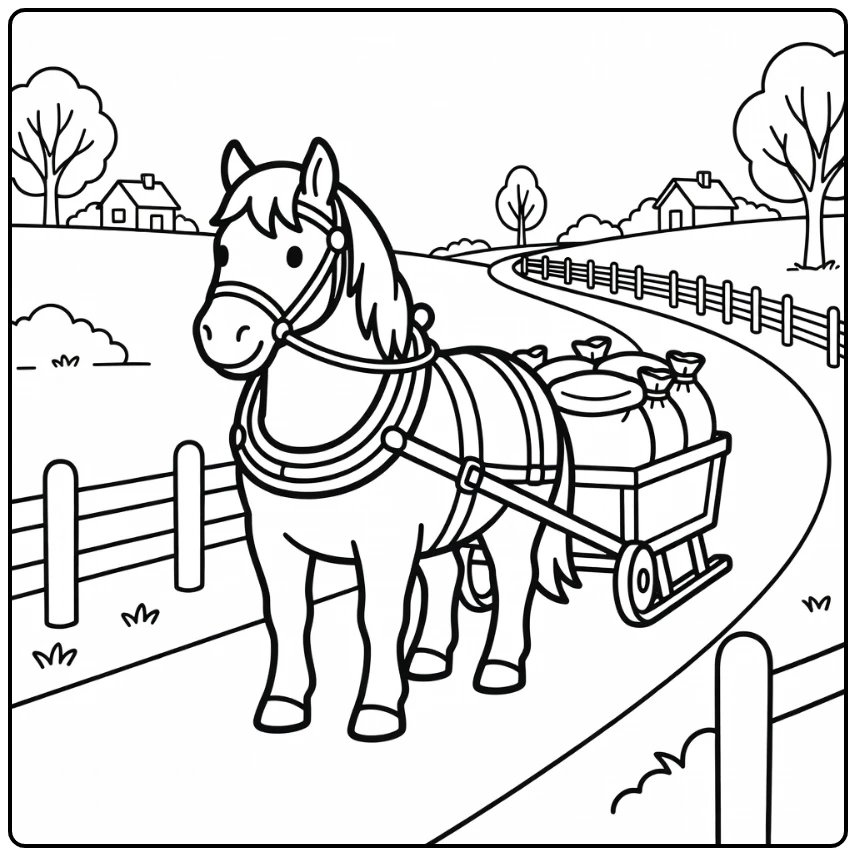 Draft horse coloring page pulling cart on peaceful country lane