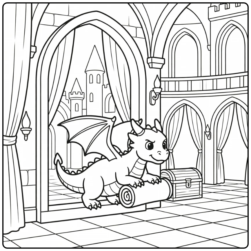 Dragon and castle coloring page: dragon with carpet in window