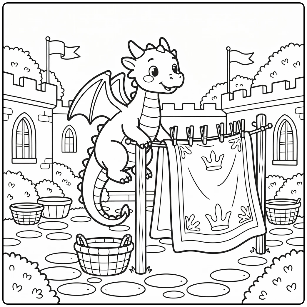Dragon and castle coloring page: cute dragon on laundry post