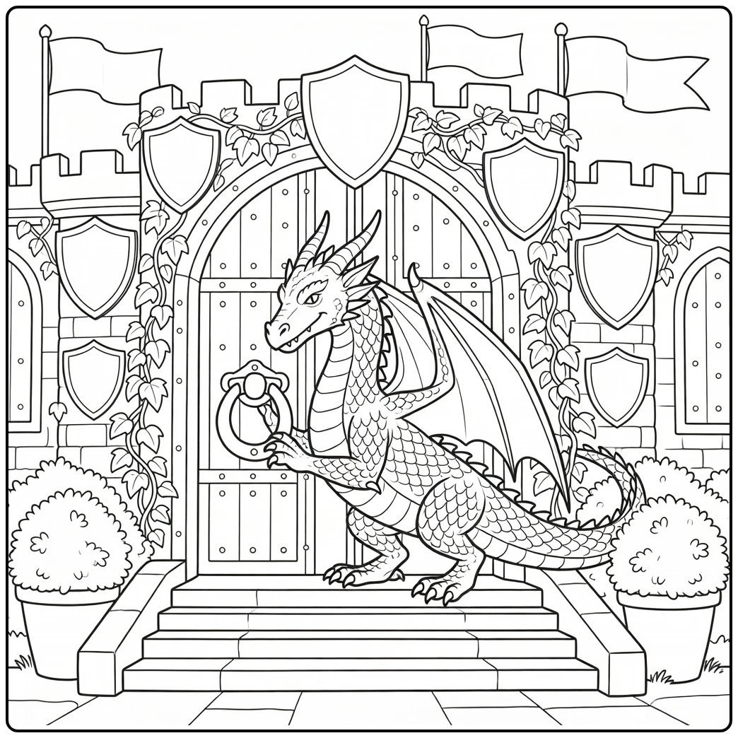 Dragon and castle coloring page: dragon polishing knocker