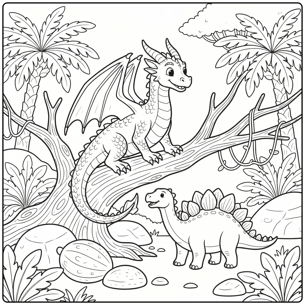 dragon and dinosaur coloring page - western dragon & stegosaurus