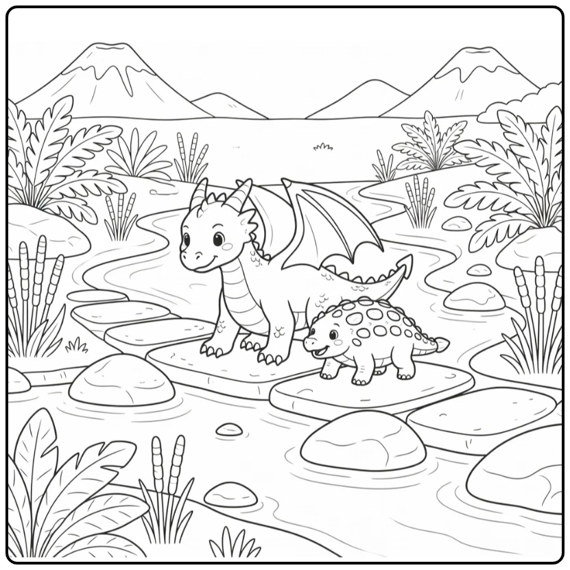 Dragon and dinosaur coloring page: dragon guides ankylosaurus over stream