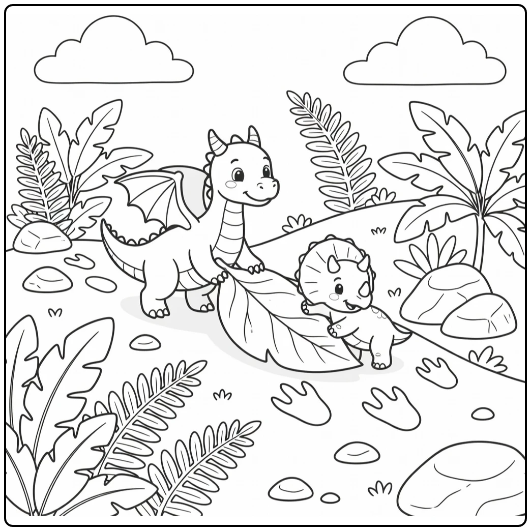 Dragon and dinosaur coloring page: playful dragon and triceratops sled