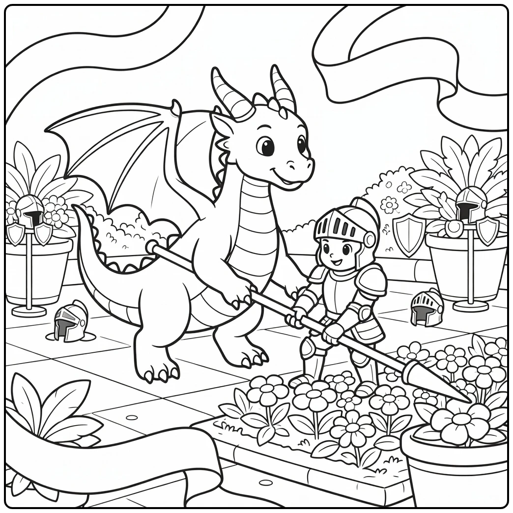 dragon and knight coloring page: duo lifts lance from flowers