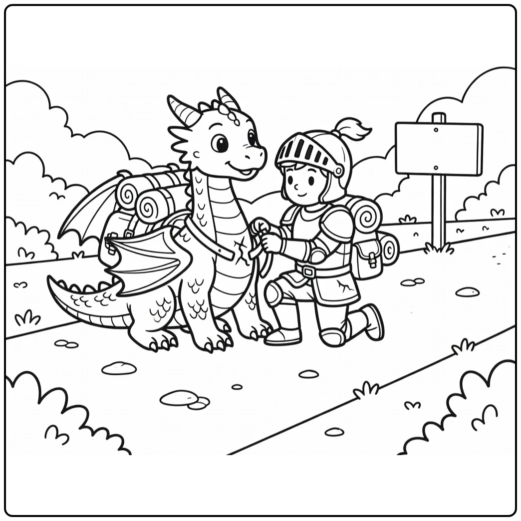 Dragon and knight coloring page: knight repairs saddle on young dragon
