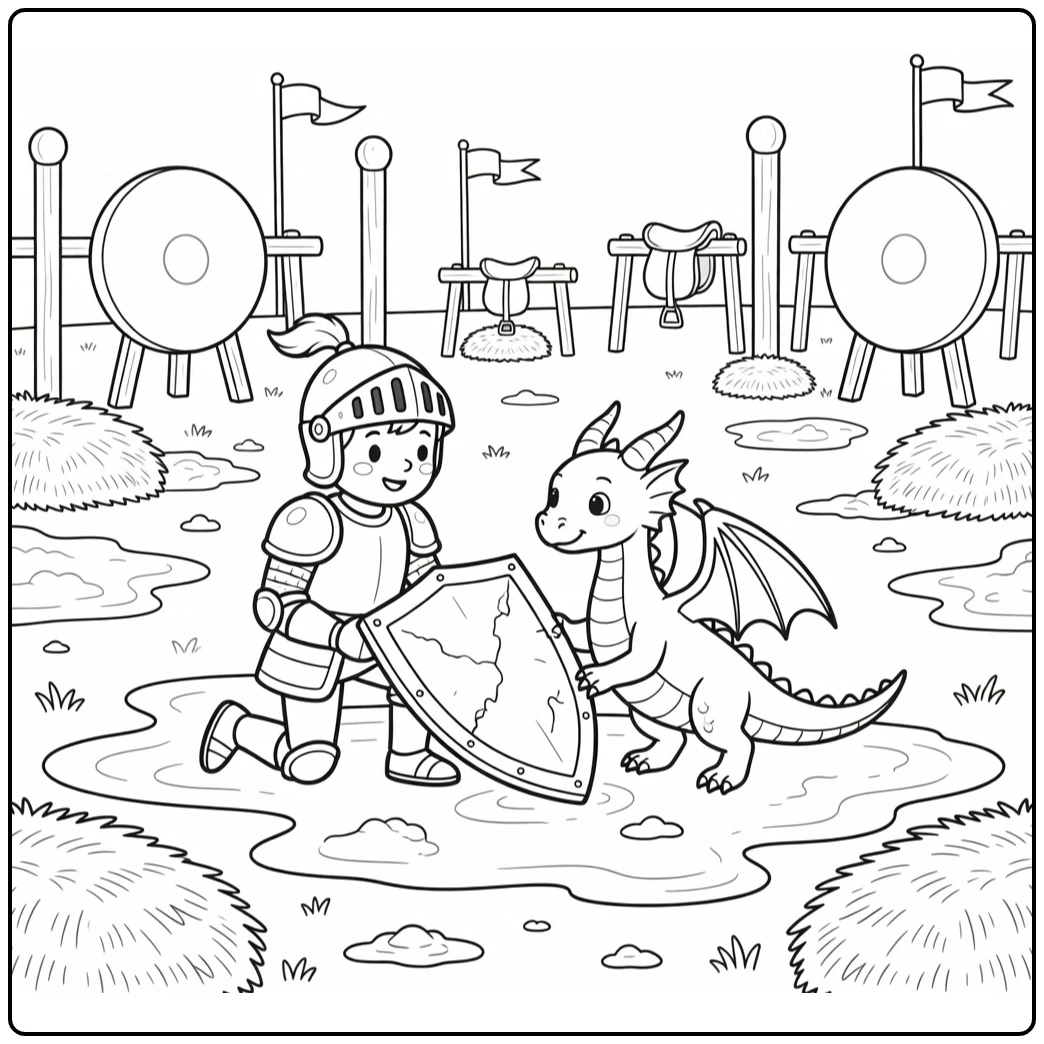 Dragon and knight coloring page: knight aids dragon over mud