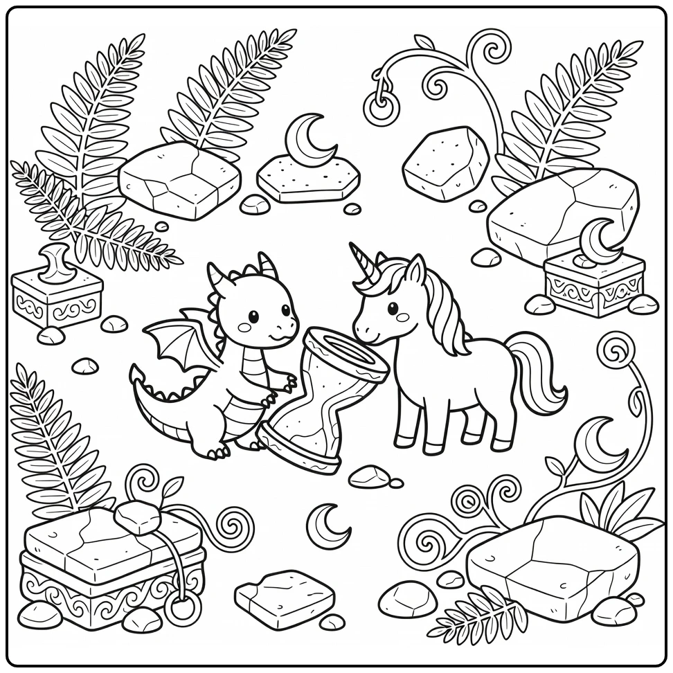 Dragon and unicorn coloring page with tilted relic scene
