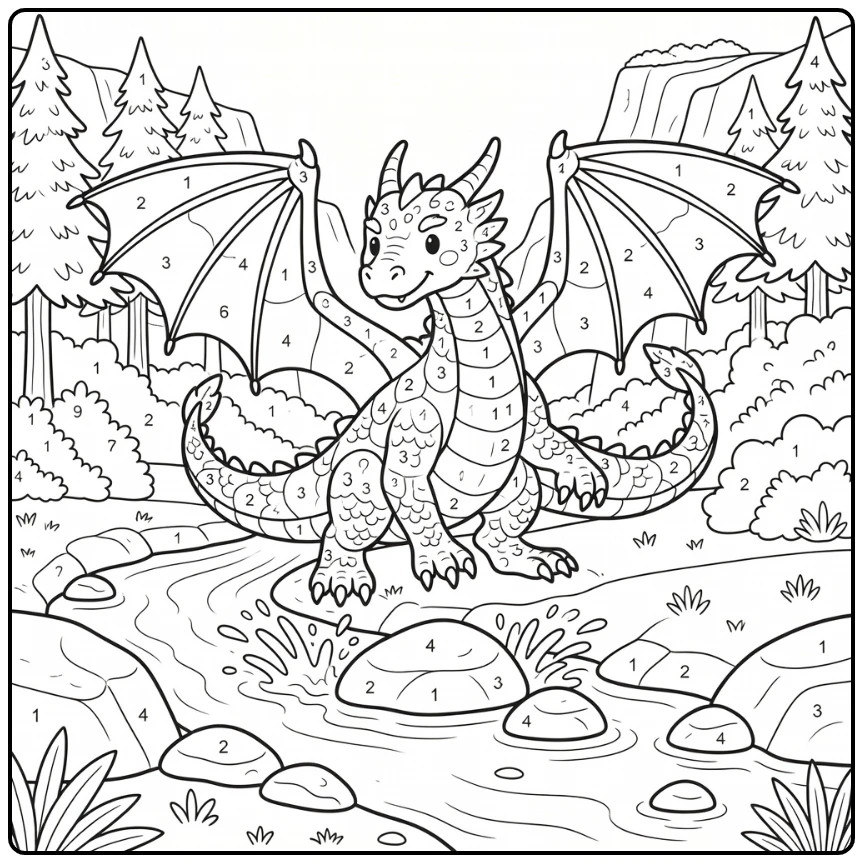 dragon color by number coloring page landing by stream