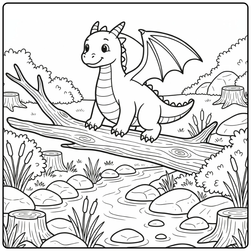 Dragon coloring page: cute dragon balancing on log over stream