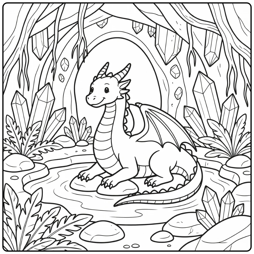 Dragon coloring page for adults: Western dragon guards crystal spring