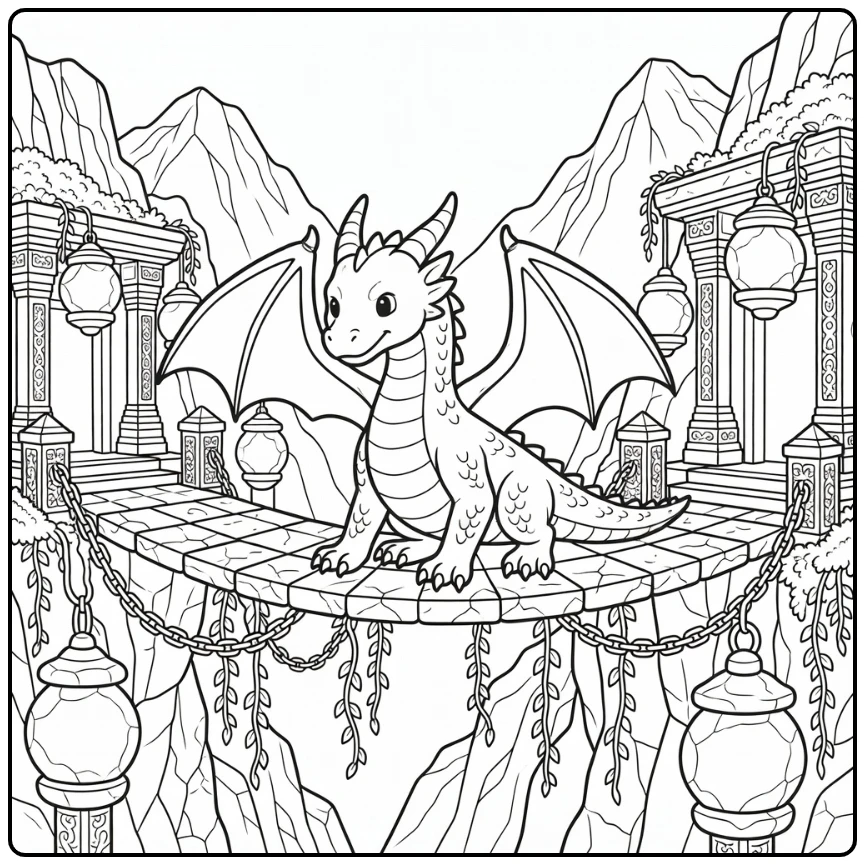 Dragon coloring page for adults: western dragon crossing stone bridge