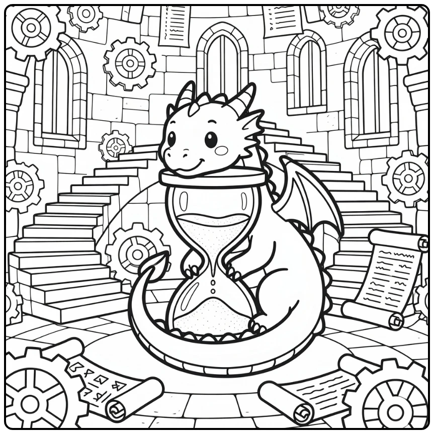Cute dragon coloring page: dragon curls around giant hourglass in tower