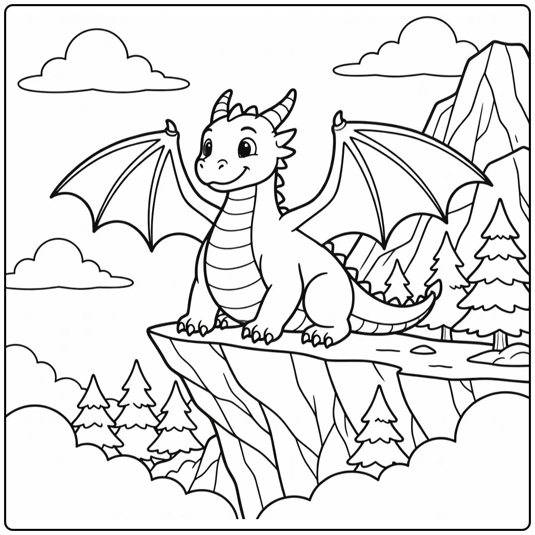 Western dragon spreading wings on mountain dragon coloring page