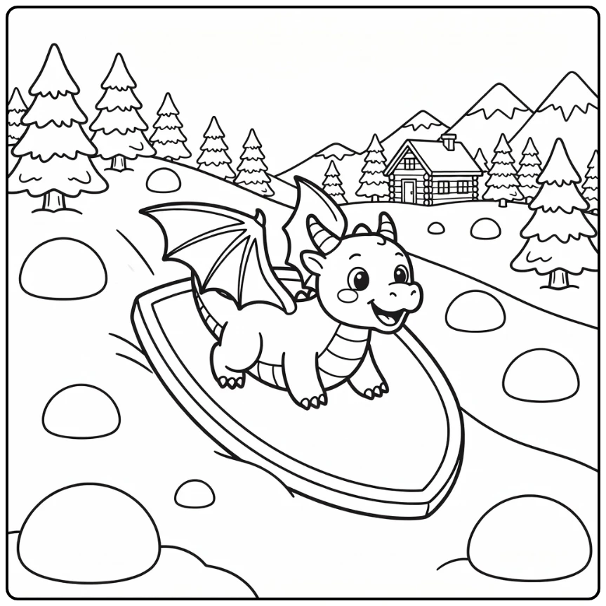 Dragon coloring page: cute dragon sledding on shield down snowy hill