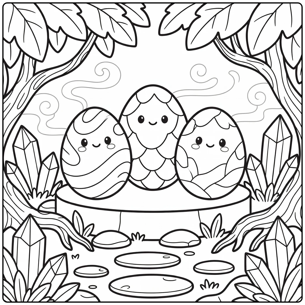 Dragon egg coloring page: three patterned eggs on pedestal with crystals