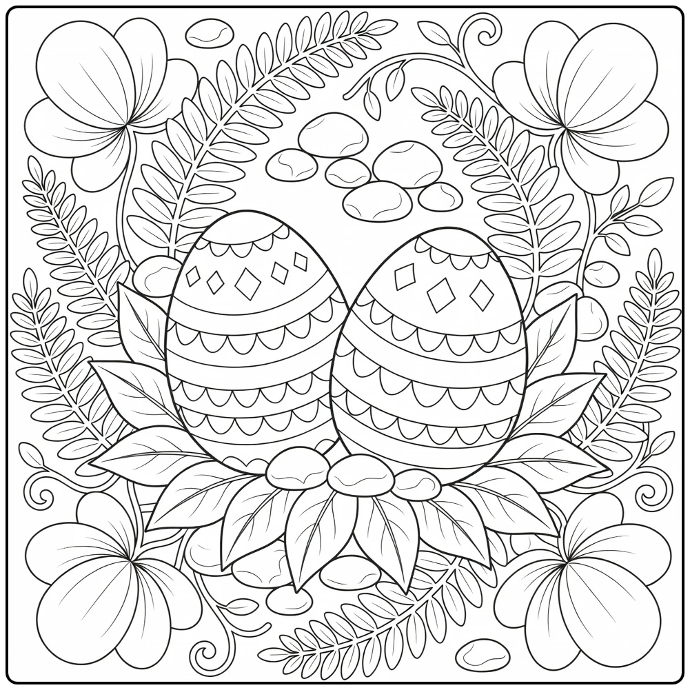 Dragon egg coloring page: two striped eggs in leaf wreath