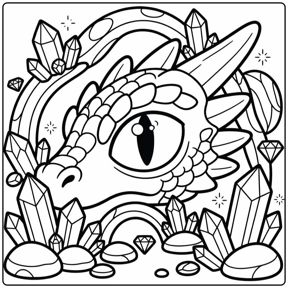 Dragon eye coloring page peering through cave crystals