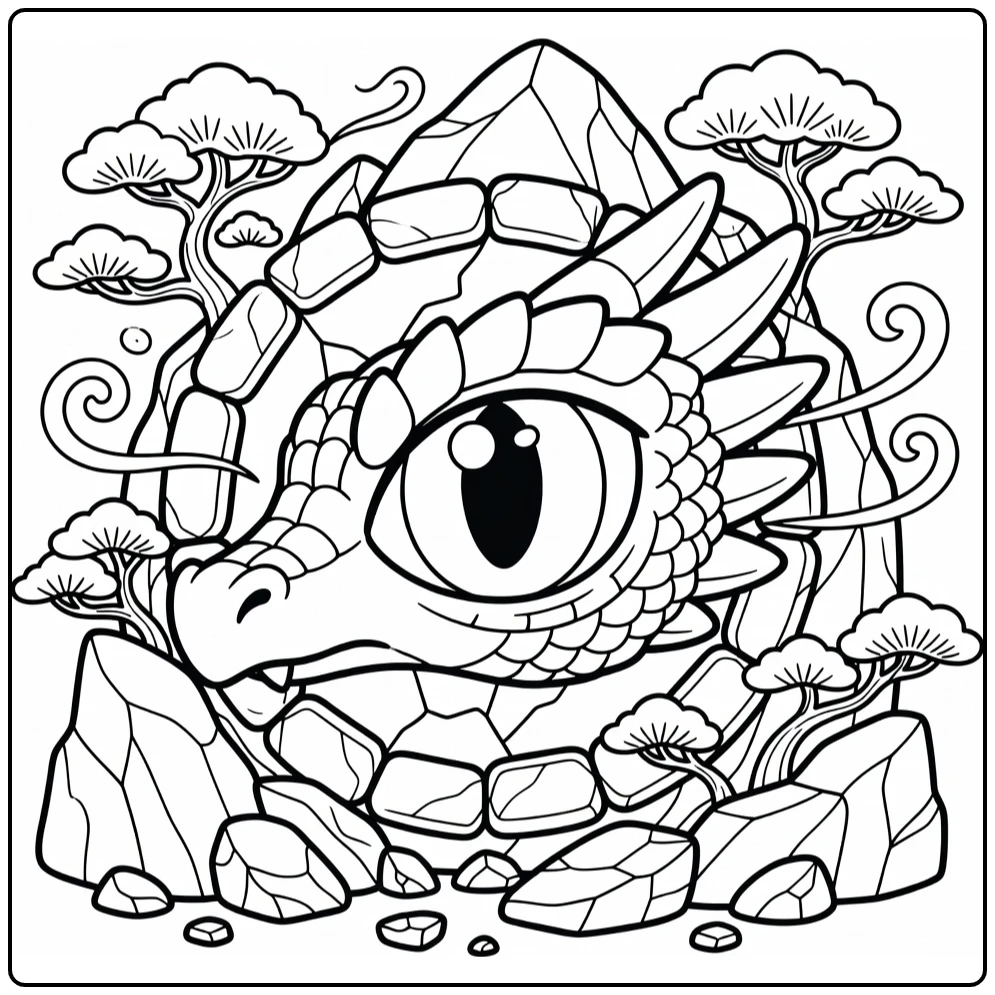 Dragon eye coloring page: bold iris in cracked stone circle, mountains