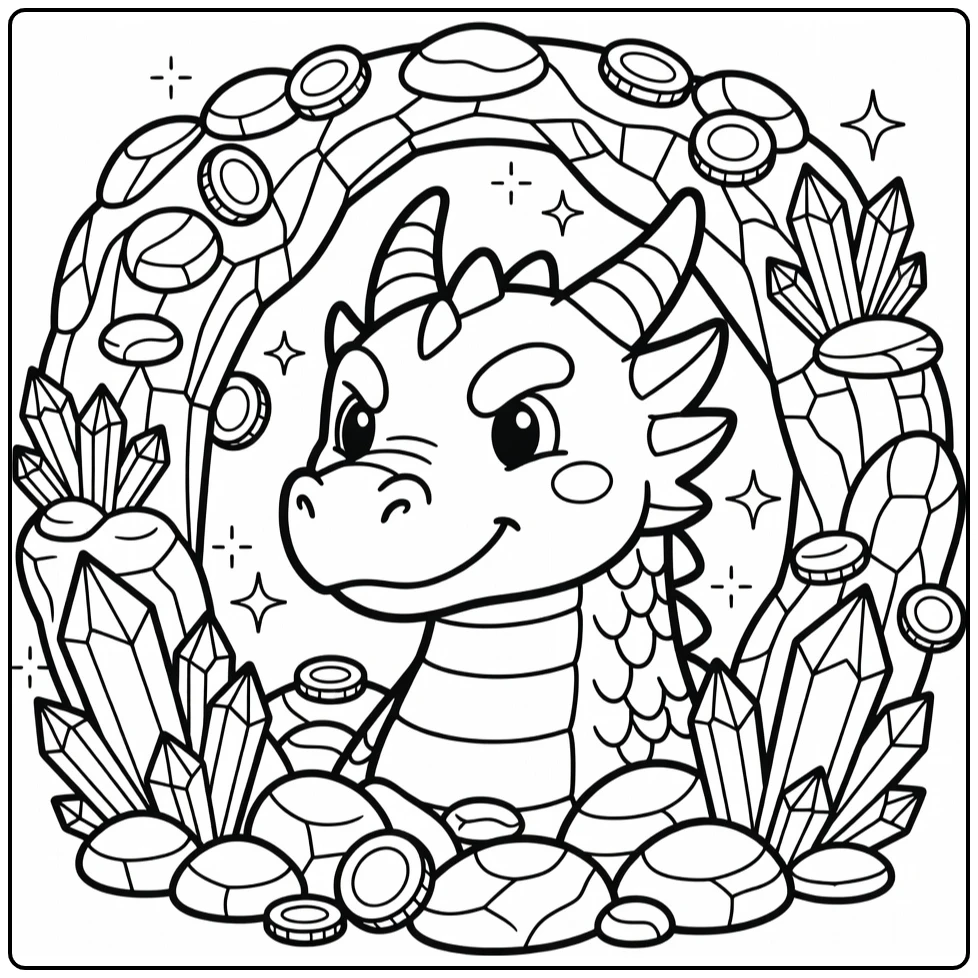 Watchful dragon face coloring page in crystal treasure wreath