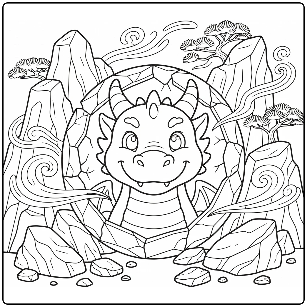 Dragon face coloring page: cute western style in stone medallion
