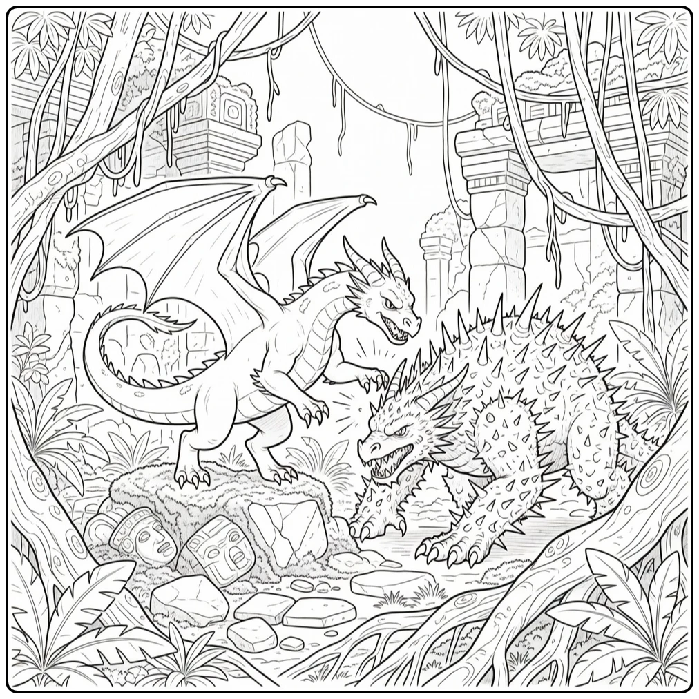 Dragon fighting coloring page: western dragon vs thorn beast in jungle ruins