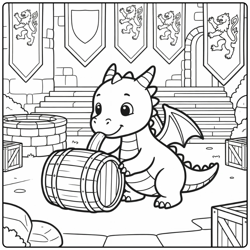 Cute dragon nudging barrel in castle yard dragon coloring page