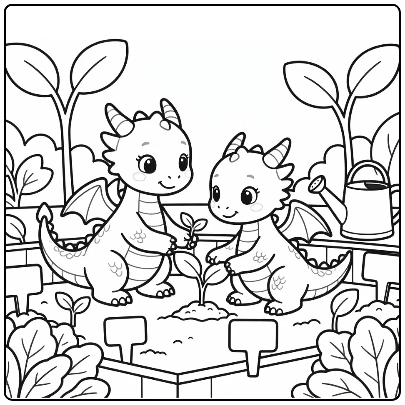 Dragon girl coloring page: teaching baby dragon to plant seed